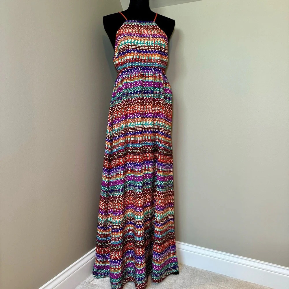 CeCe by Cynthia Steffe Multicolor Abstract Open back Halter Maxi Dress size 6